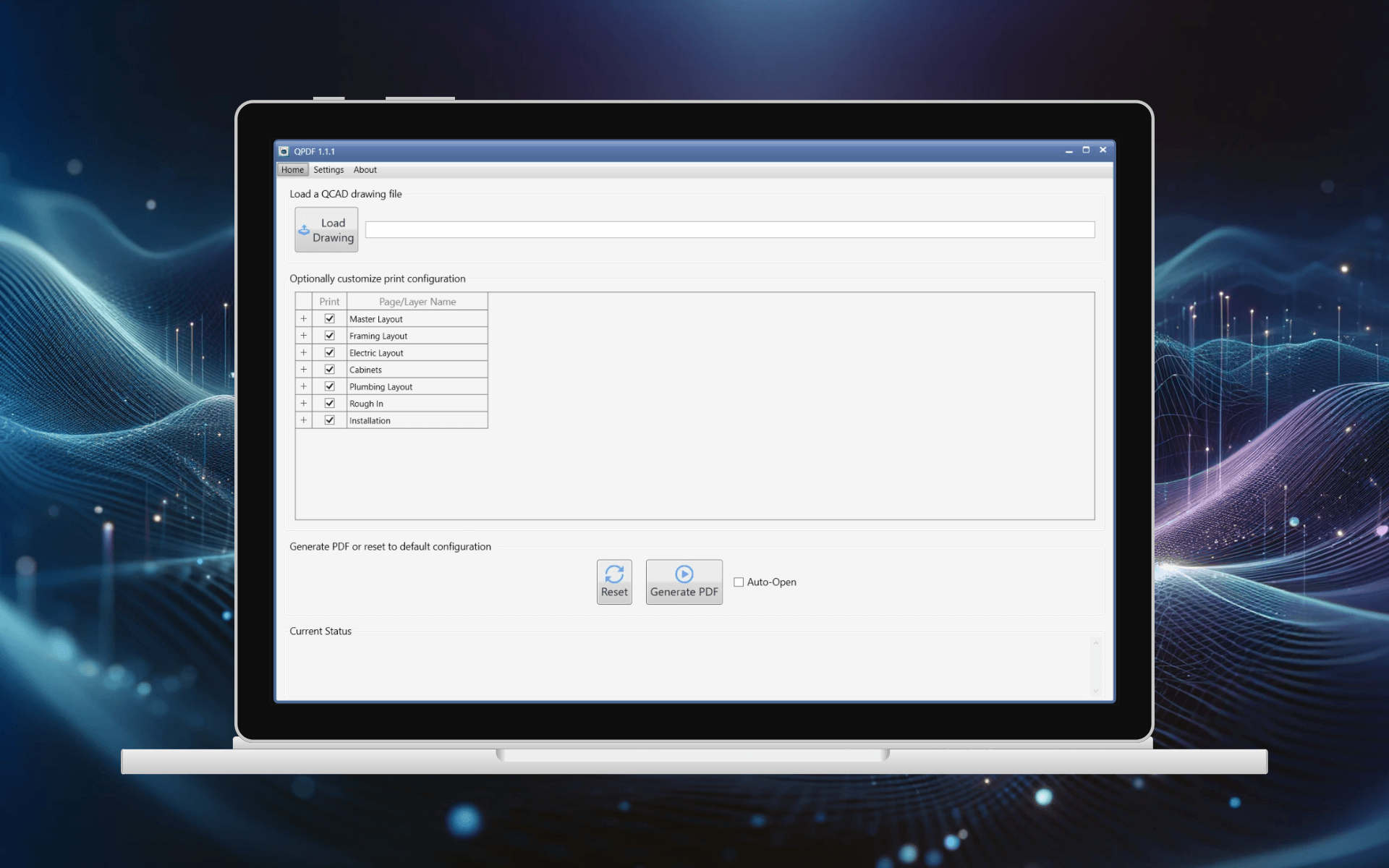 Desktop application that bulk-generates customized PDF renderings of layers within a QCAD drawing file.